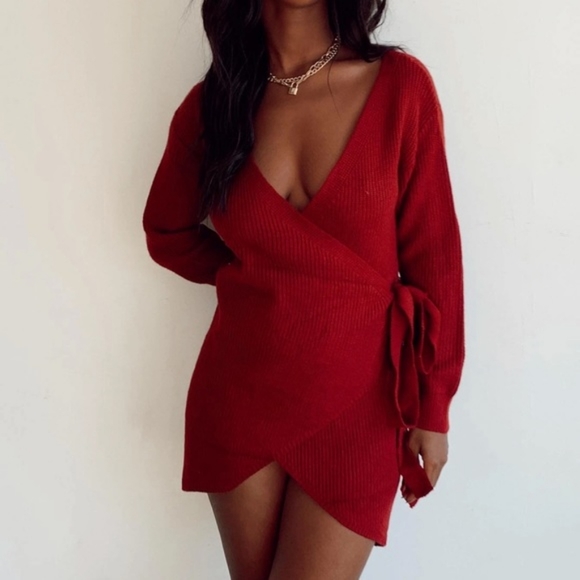 Princess Polly Dresses & Skirts - Princess Polly Burgundy Wrap Sweater Mini Dress Size L/XL